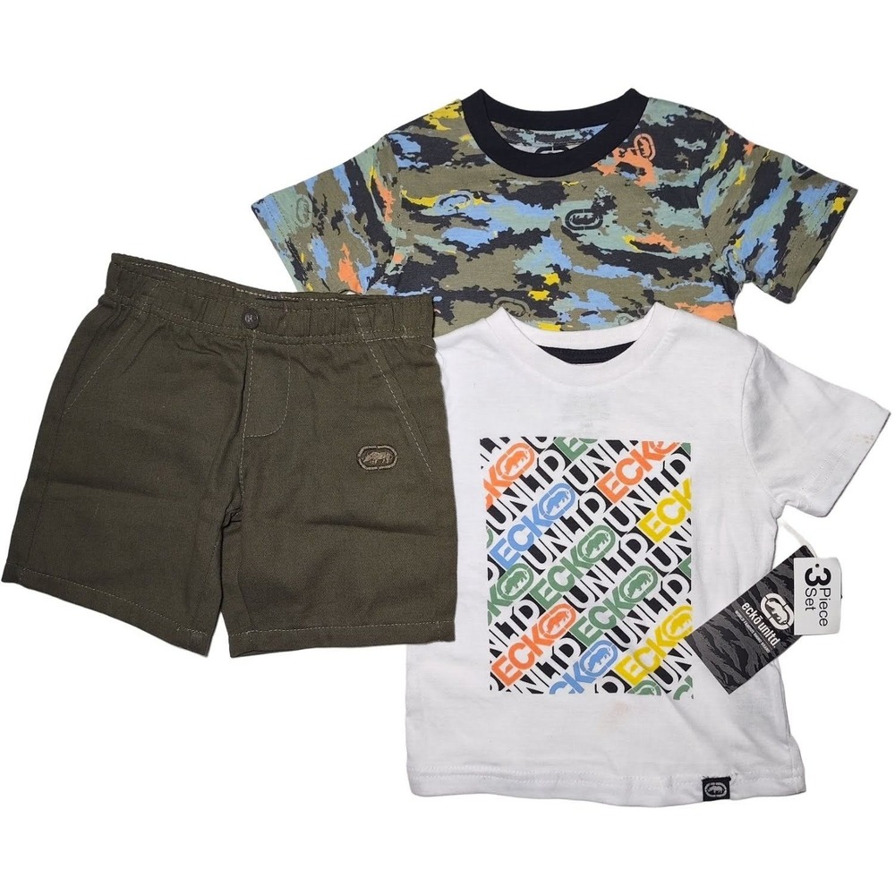 Ecko Unltd Baby Boy 24 Mos‎ 3pc Shorts Shirt Outfit Set Green White Camo